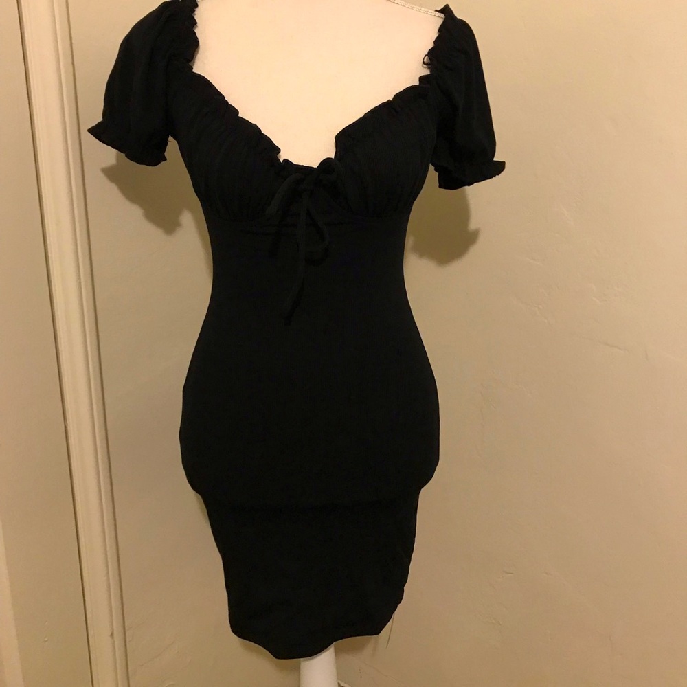 New Black Mini Stretchy Ruffle Front Dress